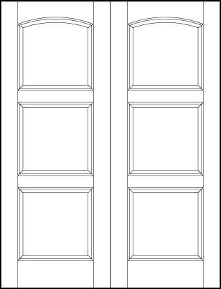pair of stile and rail interior doors with three sunken square panels with top curved arch