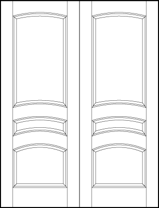 pair of stile and rail interior doors with square bottom, middle small rectangle, and large top curved arch panels