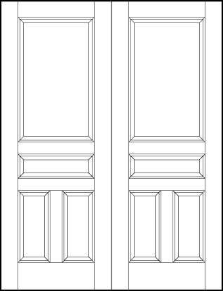 pair of stile and rail front wood doors with large top panel, horizontal center, and short sunken vertical pair bottoms