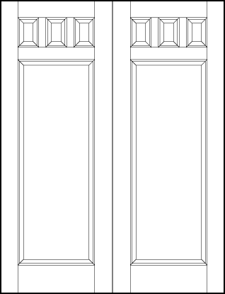 pair of stile and rail interior wood doors with three small sunken rectangles on top and large bottom sunken panel