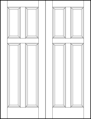pair of stile and rail interior wood doors with four sunken panels two tall on bottom and two medium on top