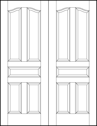 pair of stile and rail interior wood doors with tall arched vertical top panels, center and medium tall panels