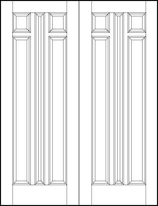 pair of stile and rail interior wood doors with tall sunken center panel, two small square top, and two tall panels