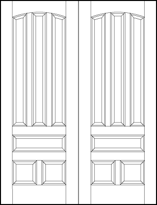 pair of stile and rail interior wood doors with three arched vertical top panels and three bottom sunken panels