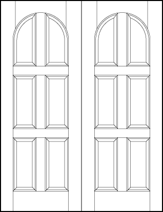 pair of stile and rail interior wood doors with six vertical rectangle sunken panels with radius arch top
