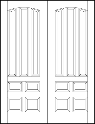 pair of custom panel interior doors with three tall sunken panels with slight arch and four bottom squares