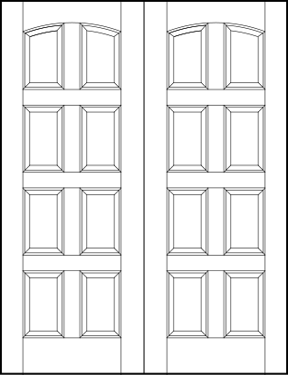 pair of custom panel front entry doors with eight vertical sunken panels with curved arch top