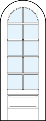 radius top interior glass french doors with ten true divided lites, tall rounded top panel and bottom raised panel