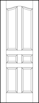 stile and rail front entry wood doors with two tall arch top panels, two small squares, and vertical bottom panels