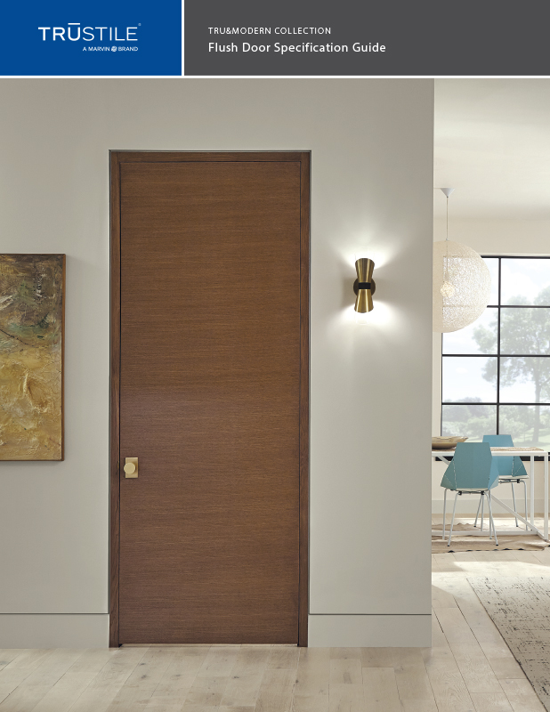 Cover of flush door specification guide featuring a photo of a TMF1000 oak door