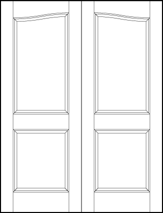 pair of front entry custom panel doors with common arch, two sunken panels, one rectangle and one square on bottom