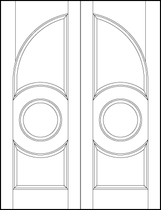 pair of front entry doors with common radius top, center circle panel, and top and bottom arched sunken panels