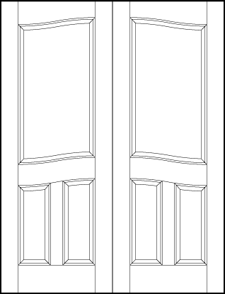 pair of front entry flat panel doors with common arch top, bottom rectangle and top large rectangle sunken arched panels