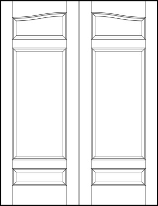 pair of interior flat panel doors with common arch, horizontal top and bottom rectangles with center sunken panel