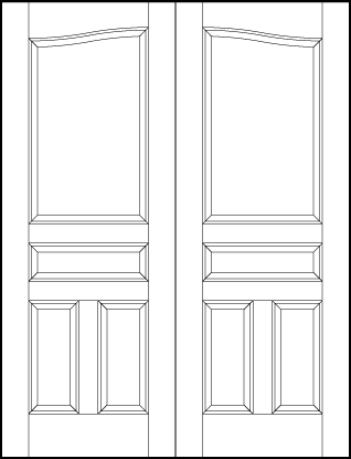 pair of entry flat panel doors with common arch, top rectangle, horizontal center, and two vertical bottom sunken panels