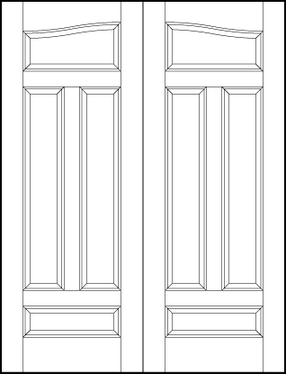 pair of front entry flat panel doors with common arch, two tall center sunken panels with small bottom and top panels