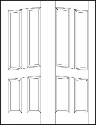 pair of front entry flat panel doors with common arch and four tall vertical rectangle panels with arch tops