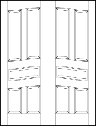 pair of entry wood doors with common arch, two top tall, center and two medium vertical bottom sunken arched panels