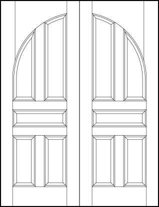pair of stile and rail front entry wood doors with common radius top, four vertical and center horizontal sunken panels