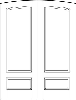 pair of stile and rail front entry door with common arch top, top rectangle and small bottom horizontal sunken panels