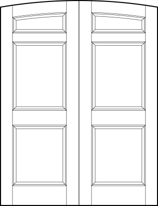 pair of front entry flat panel doors with common arch top, small top rectangle and two square sunken bottom panels