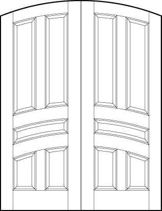 pair of stile and rail front entry wood doors with common arch top and five curved arch sunken panels