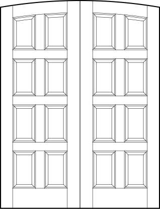 pair of custom panel front entry doors with common arch top and eight vertical sunken panels