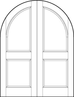 pair of front entry custom panel doors with common arch, rectangle panel with arch on top and small square on bottom