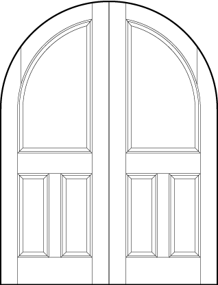 pair of front entry flat panel doors with common radius top, top rectangle and two bottom vertical rectangle panels