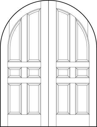 pair of custom panel front entry doors with common radius top and six vertical sunken panels