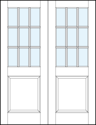 pair of interior glass panel doors with large raised bottom panel and crossing true divided lites for nine sections