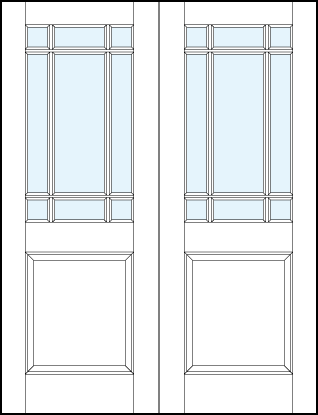 pair of front entry glass panel doors panels at top with outer border true divided lites and large raised bottom panel