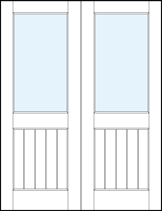 pair of interior glass panel doors with glasstop panel and small raised bottom panel with vertical slats