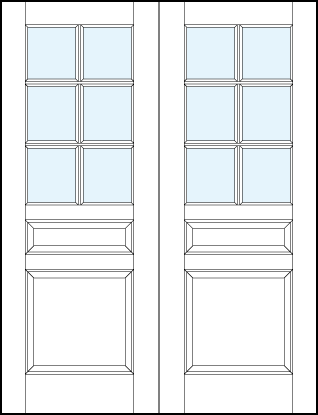 pair of front entry panel doors with glass, bottom and small center raised panels, and six section true divided lites