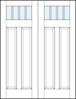 pair of front entry panel doors with glass up top and tall dual bottom panels and three small true divided lites