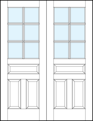 pair of front entry panel doors with glass top, dual bottom and center raised panels & six section true divided lites