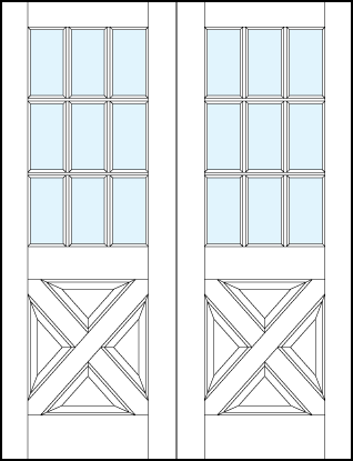 pair of interior panel doors with glass top panel with cross raised lower panel and nine section true divided lites