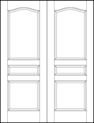 pair of stile and rail front entry door with bottom square, horizontal center and top rectangle with slight top arch