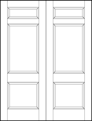 pair of front entry flat panel doors with small top rectangle, large center, and medium square bottom sunken panels