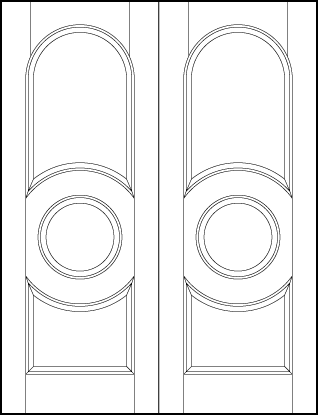 pair of front entry doors with center circle panel and top and bottom arched sunken panels