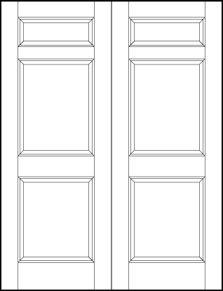 pair of front entry flat panel door with top horizontal rectangle and two equal sunken vertical rectangles below