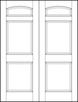 pair of interior flat panel doors with small top horizontal curved rectangle and two square sunken bottom panels