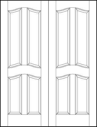 pair of front entry flat panel doors with four tall vertical rectangle panels with arched tops and bottoms