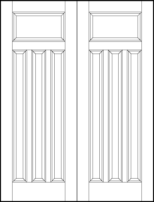 pair of stile and rail front entry wood doors with wide top sunken panel and three vertical tall sunken panels