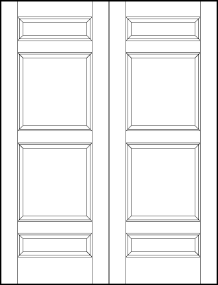 pair of stile and rail interior wood doors with two center square panels and tall top and bottom rectangle panels