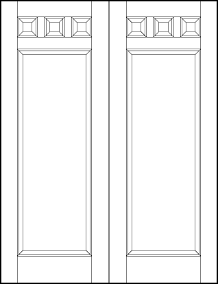 pair of stile and rail front entry wood doors with three small sunken squares on top and large bottom sunken panel