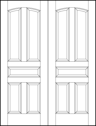 pair of stile and rail entry wood doors with two arched top panels, horizontal center and medium bottom panels