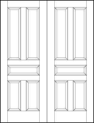 pair of stile and rail front entry wood doors with two top tall, center horizontal and two vertical bottom sunken panels