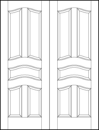 pair of front entry wood doors with two top tall, center and two medium vertical bottom sunken arched panels