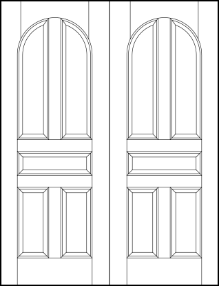 pair of radius top stile and rail front entry wood doors with four vertical and center horizontal sunken panels